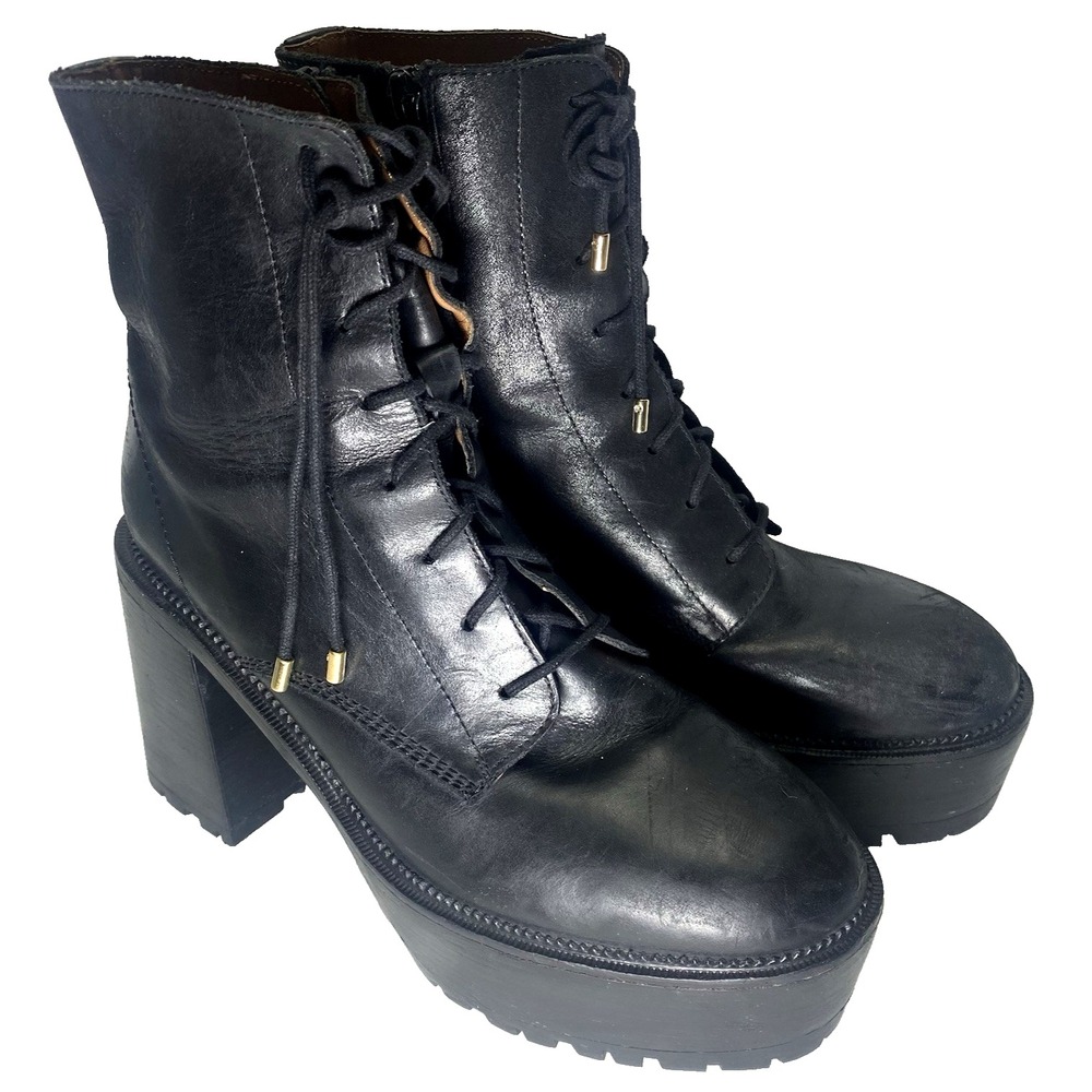 Free People High Point‎ Platform Boots Black Leather Lace-Up EU 40 US 10 Chunky